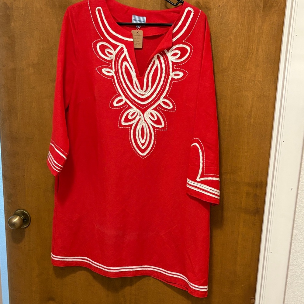 477. Les Canediers Embroidered Red Midi Dress with White Trim